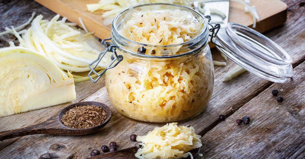 Bocal de choucroute fermentée sur table en bois, aliments prébiotiques pour le microbiote
